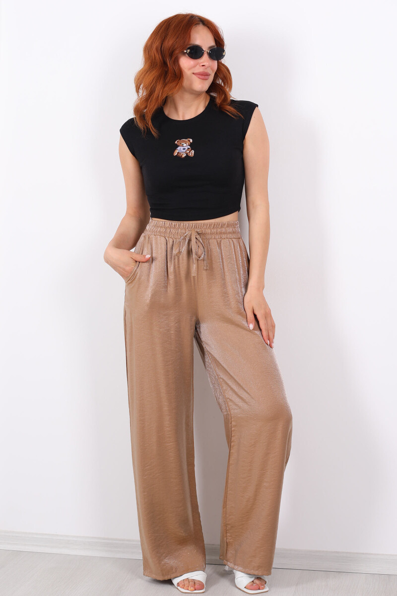 Beli Bağlamalı Bol Paça Işıltılı Saten Taba Kadın Pantolon - 1