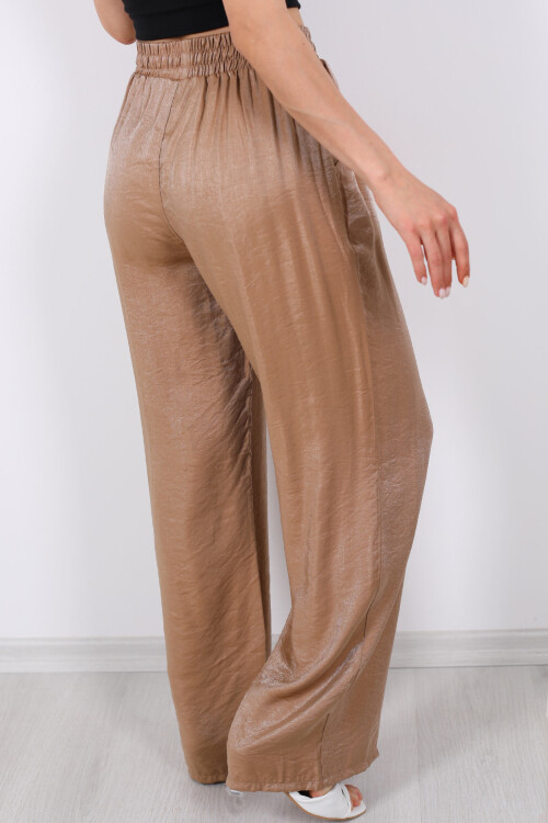 Beli Bağlamalı Bol Paça Işıltılı Saten Taba Kadın Pantolon - 4