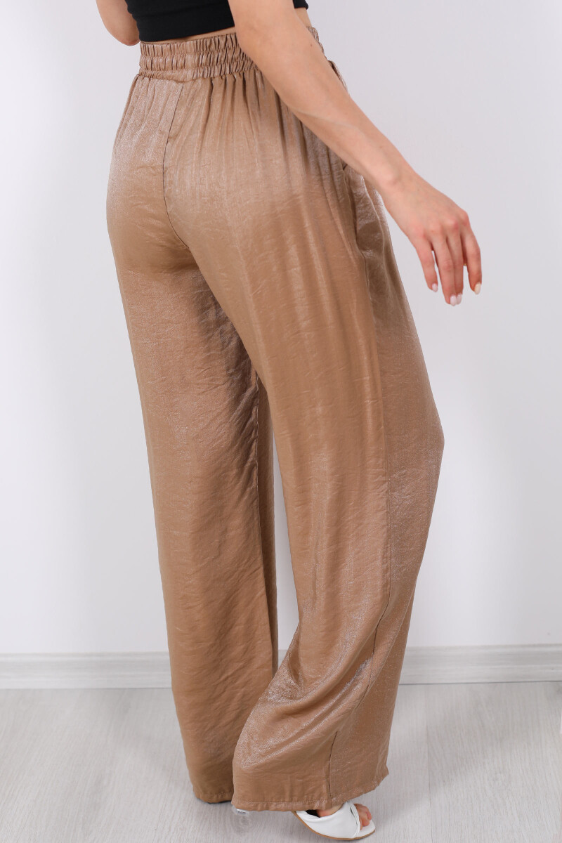 Beli Bağlamalı Bol Paça Işıltılı Saten Taba Kadın Pantolon - 4