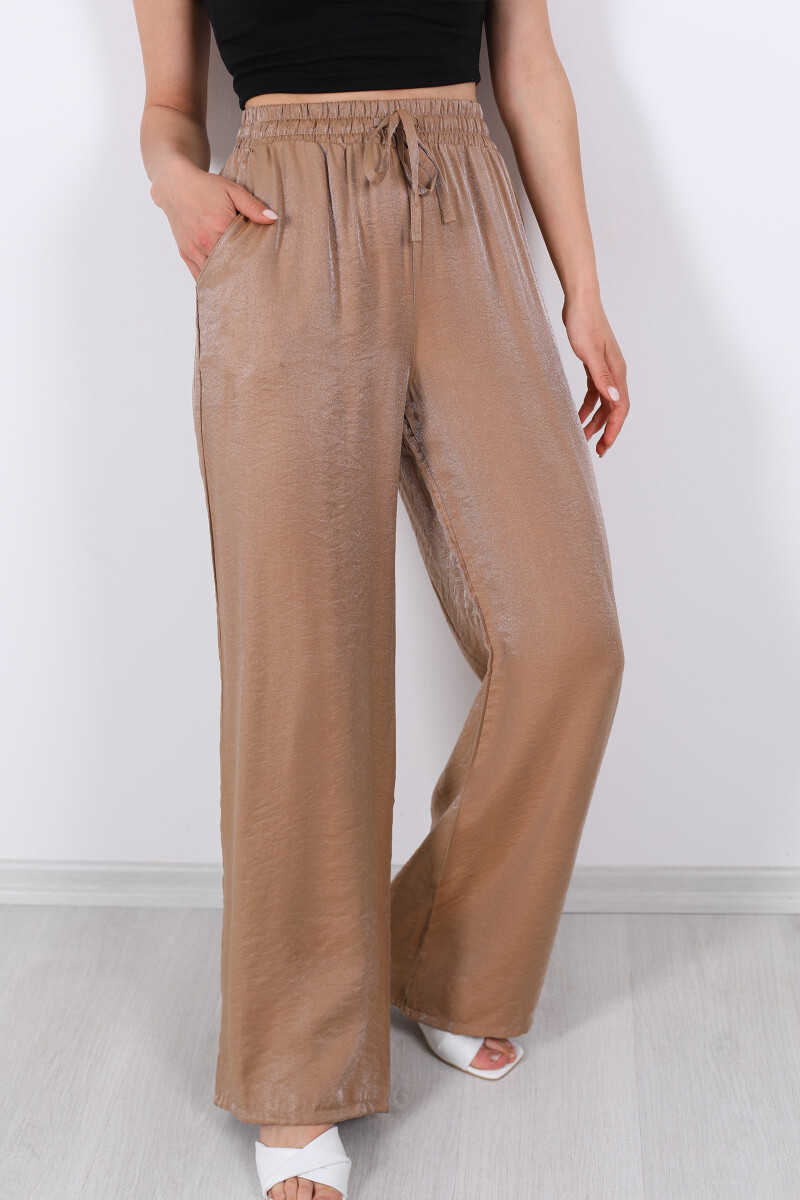 Beli Bağlamalı Bol Paça Işıltılı Saten Taba Kadın Pantolon - 2
