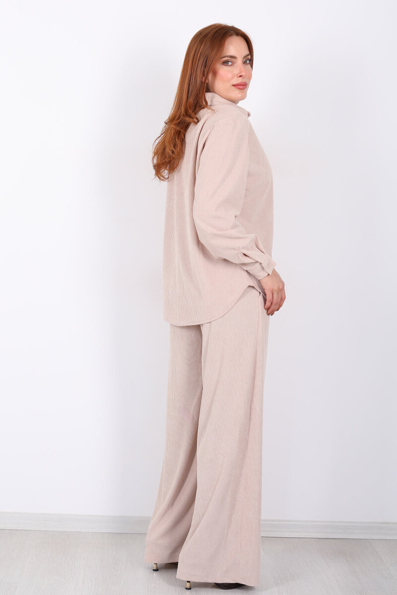 Beli Bağlamalı Bol Paça Taş Rengi Kadın Kadife Pantolon - 5