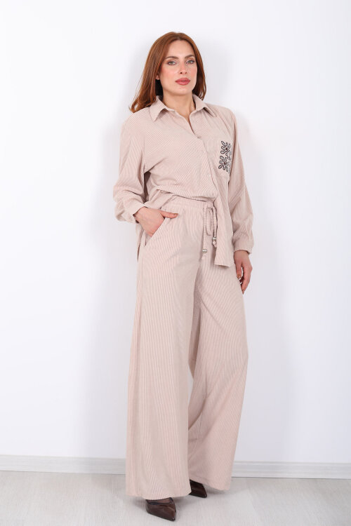 Beli Bağlamalı Bol Paça Taş Rengi Kadın Kadife Pantolon - 4