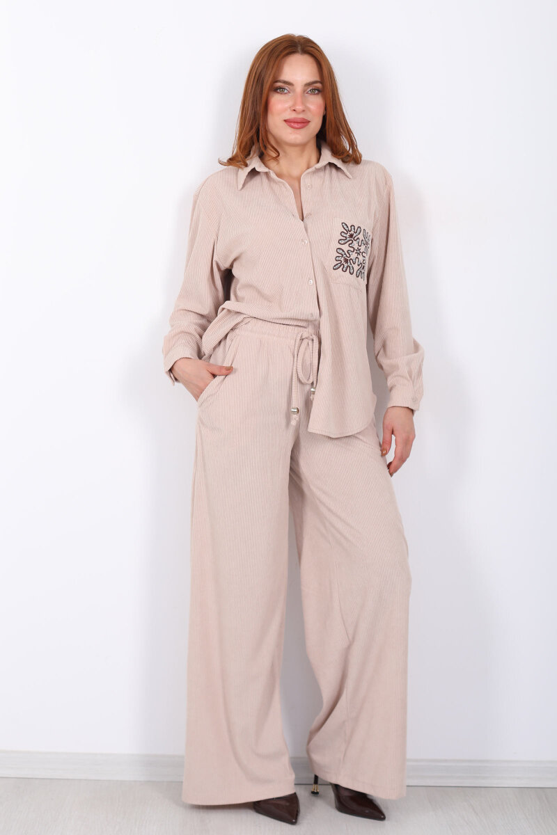 Beli Bağlamalı Bol Paça Taş Rengi Kadın Kadife Pantolon - 3