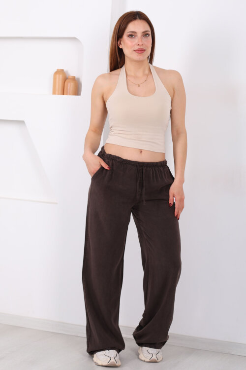 Beli Bağlamalı Bol Paça Tensel Acı Kahve Kadın Pantolon - 4