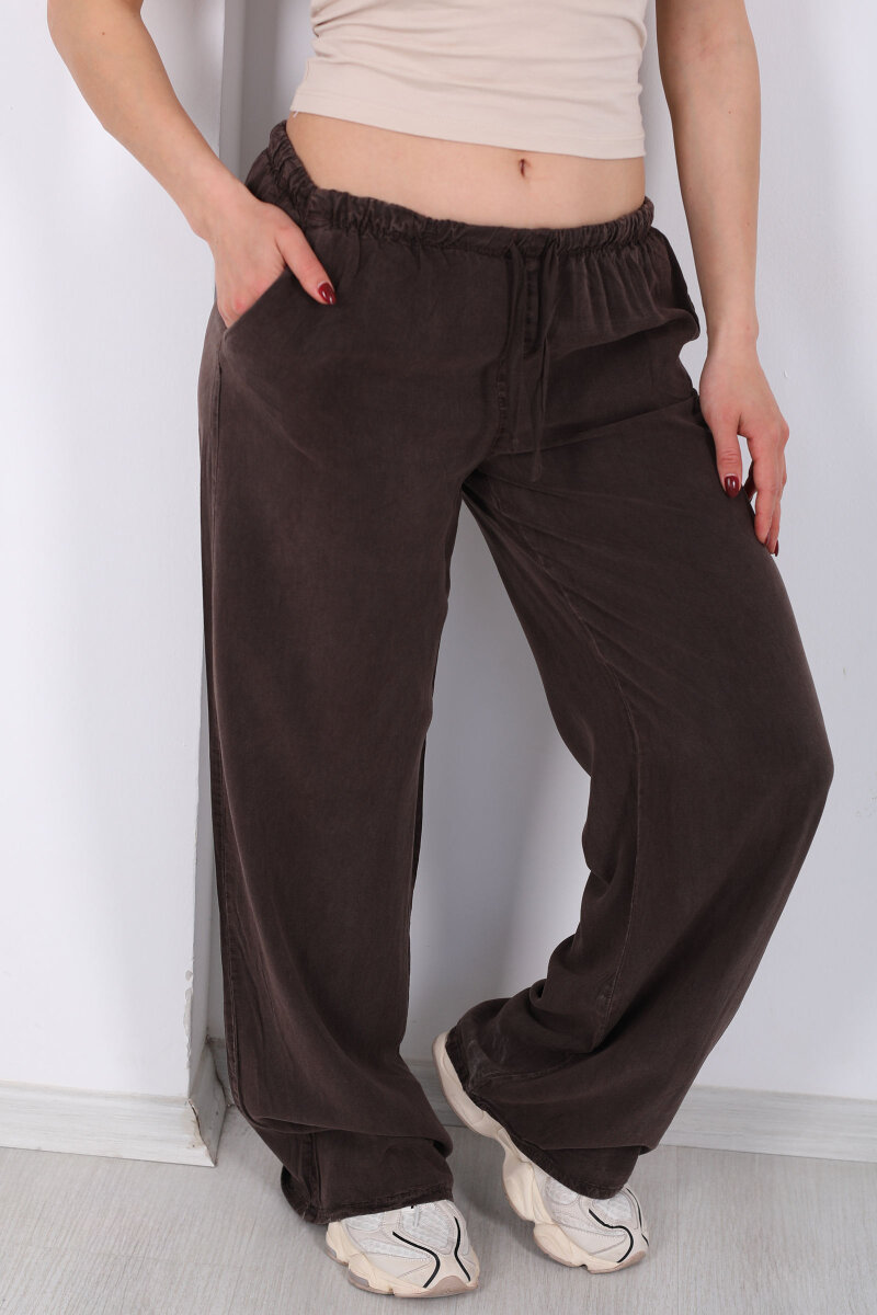 Beli Bağlamalı Bol Paça Tensel Acı Kahve Kadın Pantolon - 2