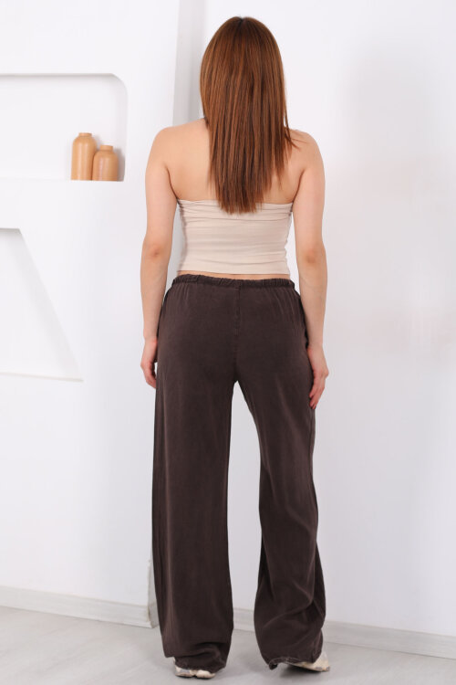 Beli Bağlamalı Bol Paça Tensel Acı Kahve Kadın Pantolon - 5