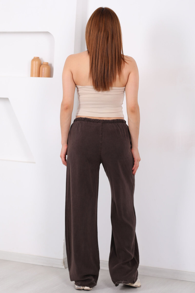 Beli Bağlamalı Bol Paça Tensel Acı Kahve Kadın Pantolon - 5