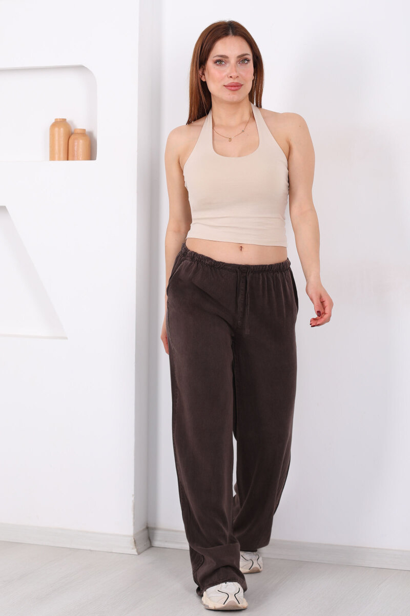 Beli Bağlamalı Bol Paça Tensel Acı Kahve Kadın Pantolon - 3