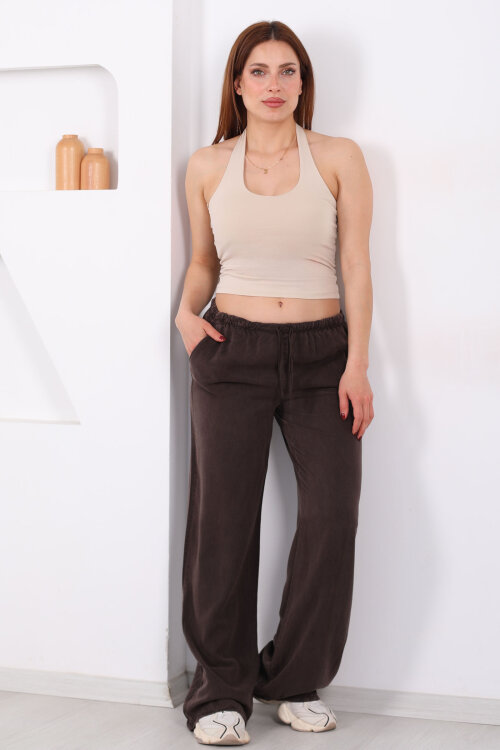 Beli Bağlamalı Bol Paça Tensel Acı Kahve Kadın Pantolon - Berox