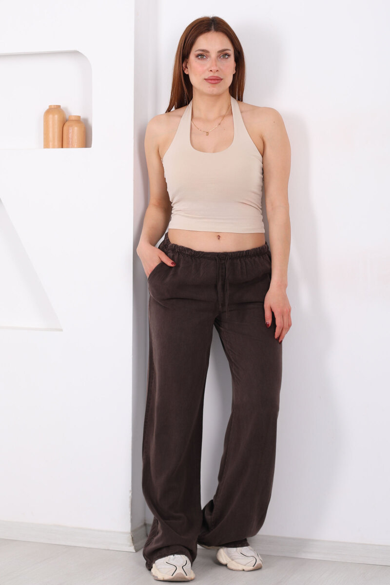 Beli Bağlamalı Bol Paça Tensel Acı Kahve Kadın Pantolon - 1