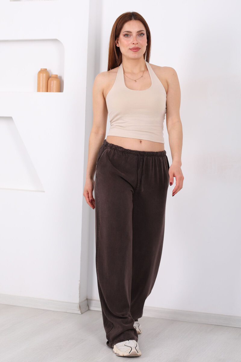 Beli Bağlamalı Bol Paça Tensel Acı Kahve Kadın Pantolon - 6