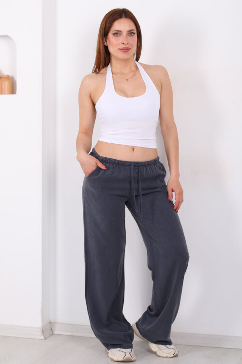 Beli Bağlamalı Bol Paça Tensel Antrasit Kadın Pantolon - Berox