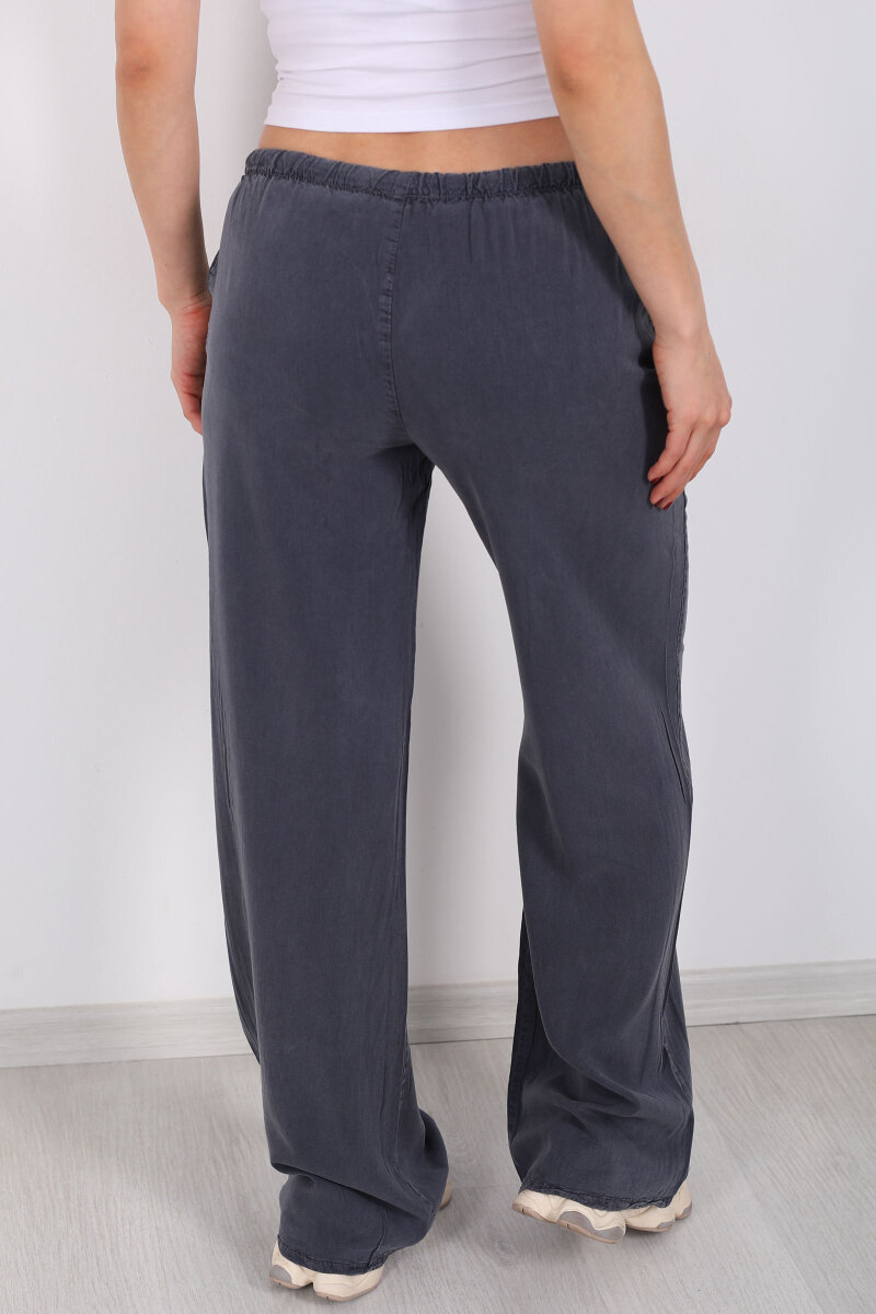 Beli Bağlamalı Bol Paça Tensel Antrasit Kadın Pantolon - 4