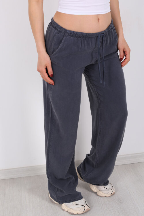 Beli Bağlamalı Bol Paça Tensel Antrasit Kadın Pantolon - Berox (1)