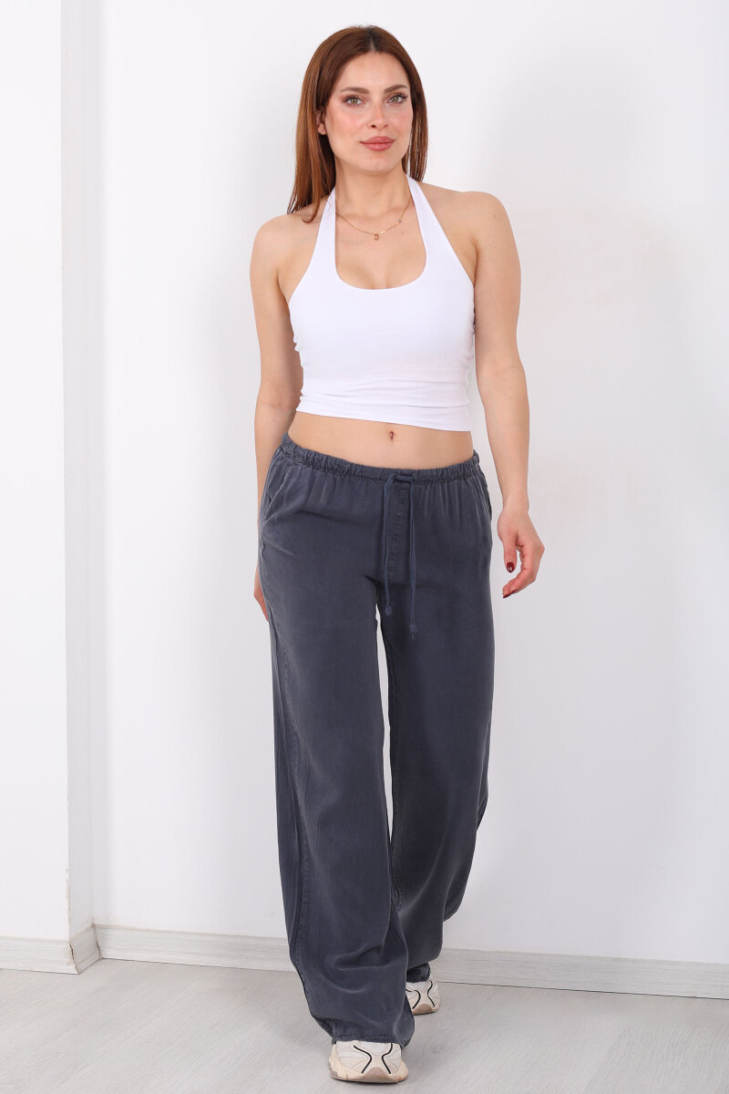 Beli Bağlamalı Bol Paça Tensel Antrasit Kadın Pantolon - 5