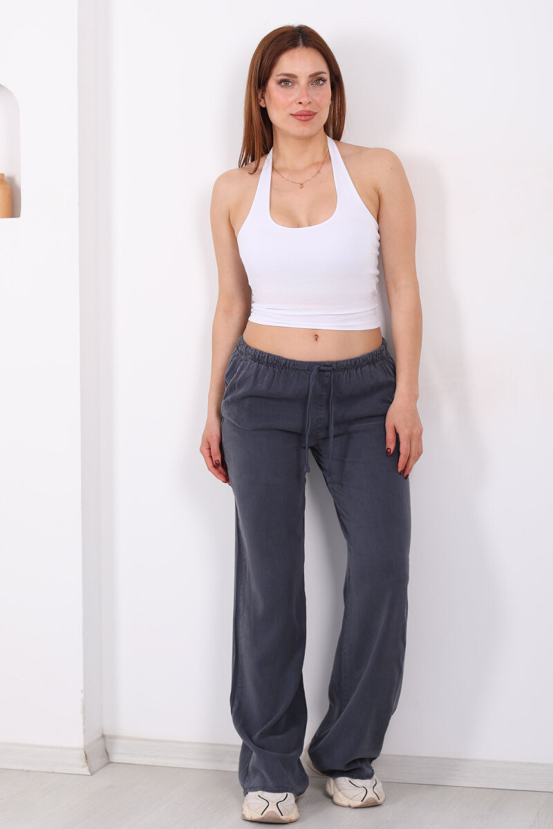 Beli Bağlamalı Bol Paça Tensel Antrasit Kadın Pantolon - 3