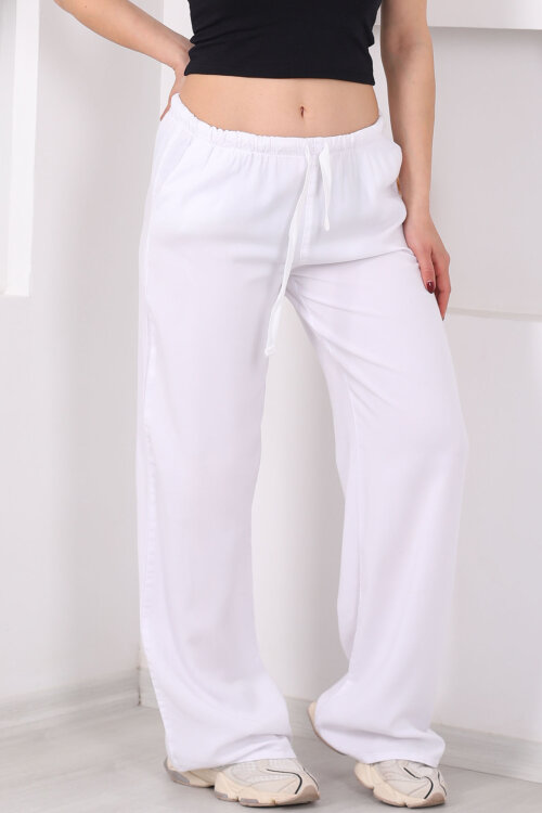 Beli Bağlamalı Bol Paça Tensel Beyaz Kadın Pantolon - Berox (1)