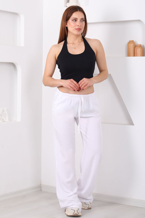 Beli Bağlamalı Bol Paça Tensel Beyaz Kadın Pantolon - 3