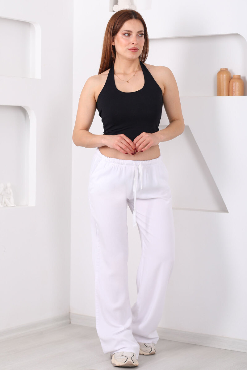Beli Bağlamalı Bol Paça Tensel Beyaz Kadın Pantolon - 3
