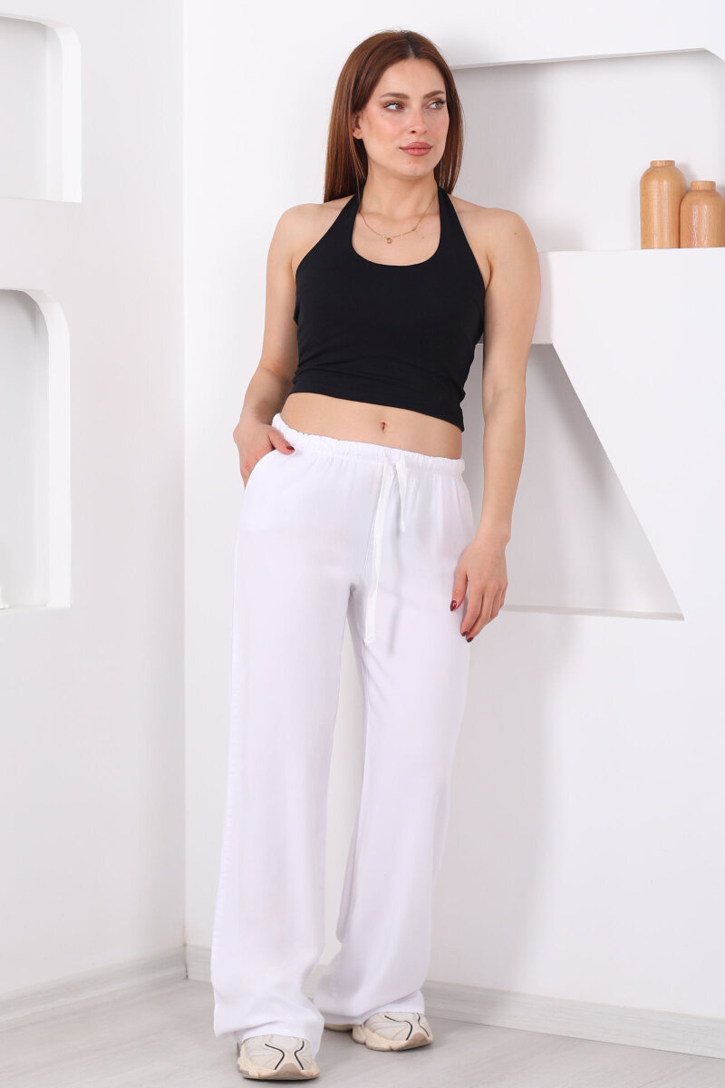 Beli Bağlamalı Bol Paça Tensel Beyaz Kadın Pantolon - 1