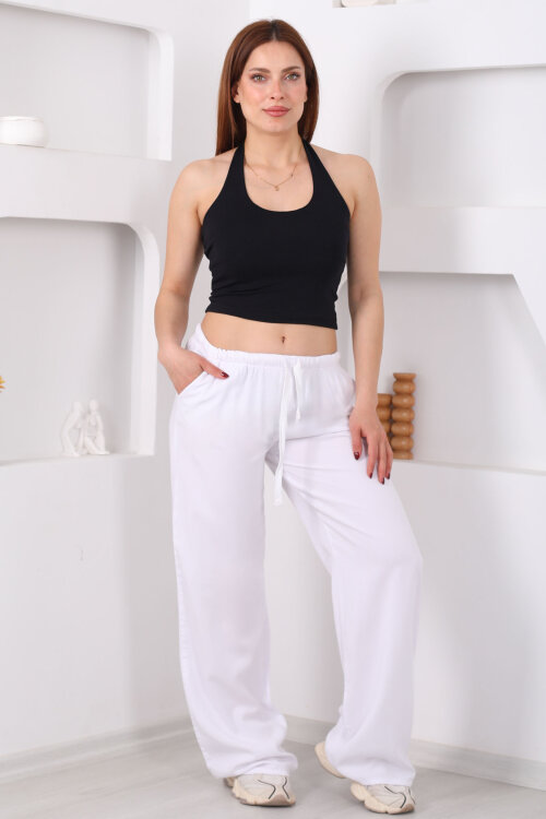 Beli Bağlamalı Bol Paça Tensel Beyaz Kadın Pantolon - 6