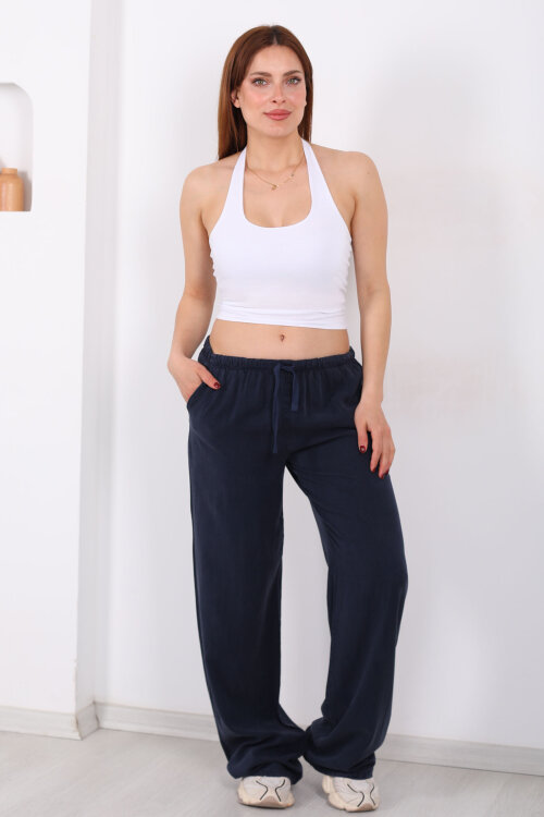 Beli Bağlamalı Bol Paça Tensel Lacivert Kadın Pantolon - Berox