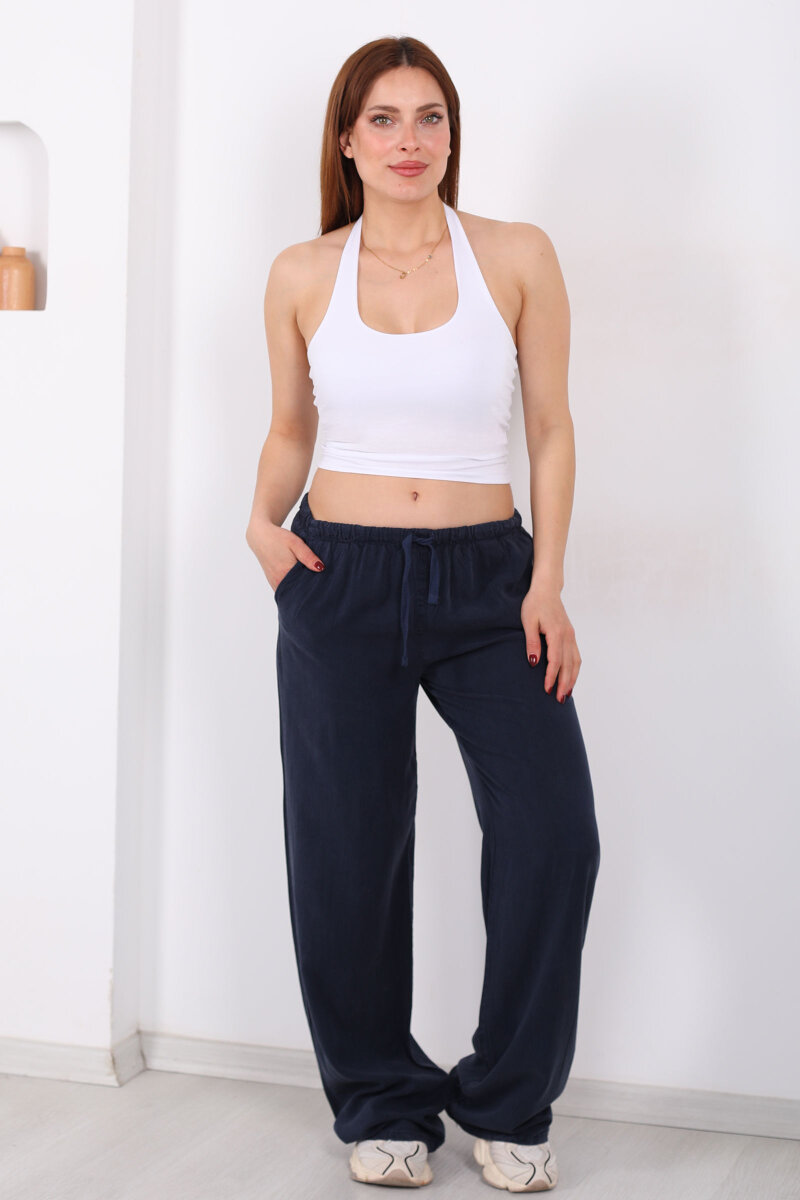 Beli Bağlamalı Bol Paça Tensel Lacivert Kadın Pantolon - 1