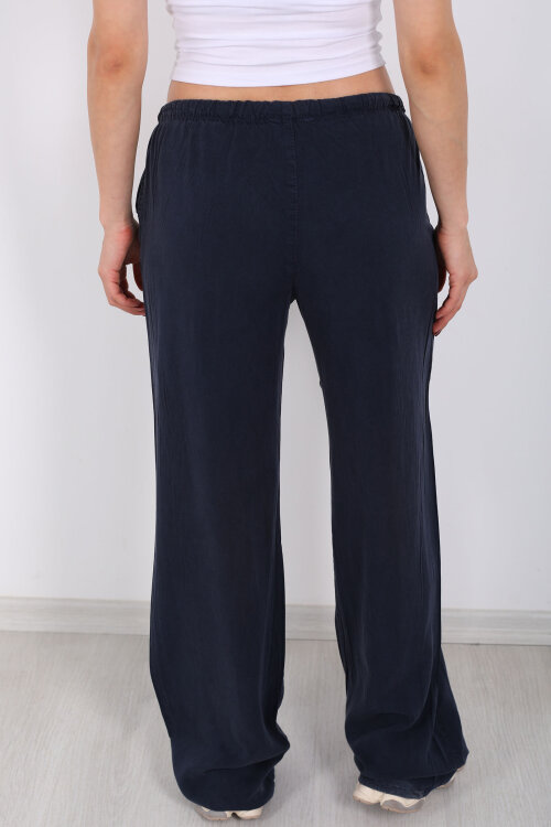 Beli Bağlamalı Bol Paça Tensel Lacivert Kadın Pantolon - 5