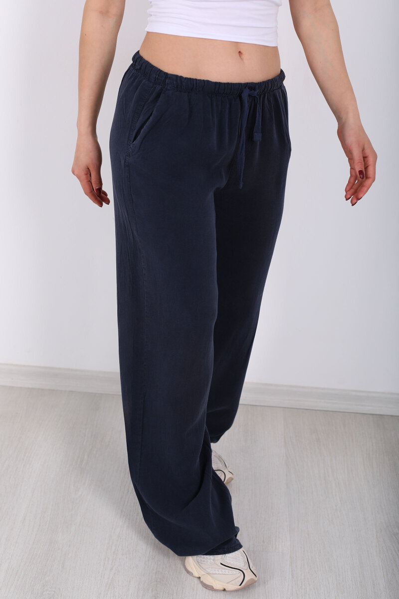 Beli Bağlamalı Bol Paça Tensel Lacivert Kadın Pantolon - 2