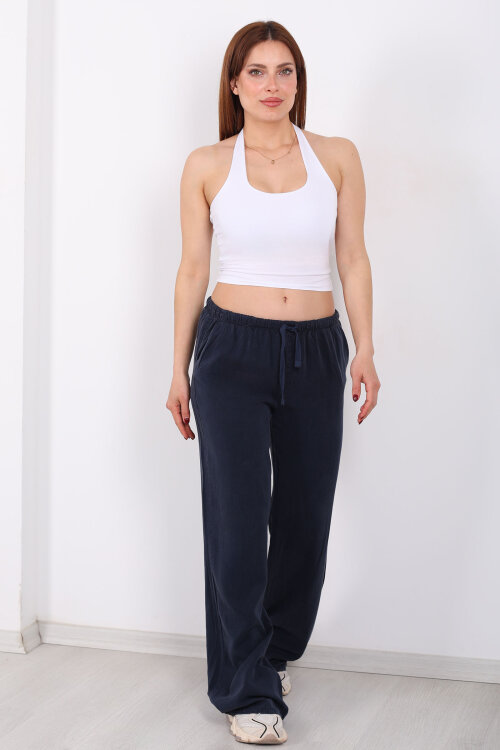 Beli Bağlamalı Bol Paça Tensel Lacivert Kadın Pantolon - 4