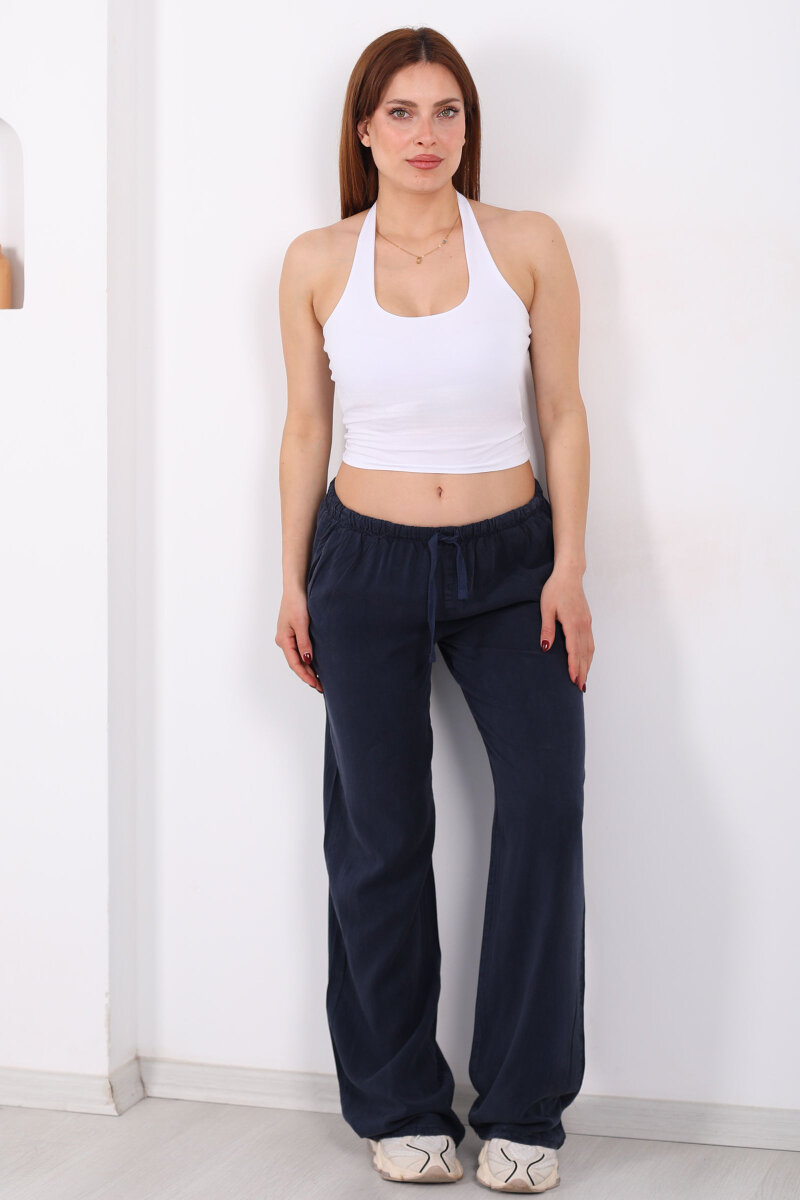 Beli Bağlamalı Bol Paça Tensel Lacivert Kadın Pantolon - 6