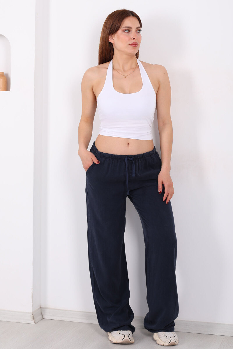 Beli Bağlamalı Bol Paça Tensel Lacivert Kadın Pantolon - 3