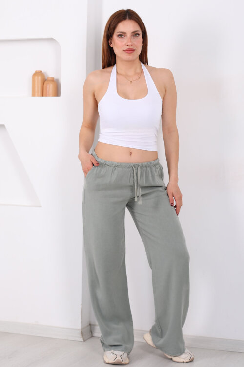 Beli Bağlamalı Bol Paça Tensel Mint Yeşili Kadın Pantolon - 3