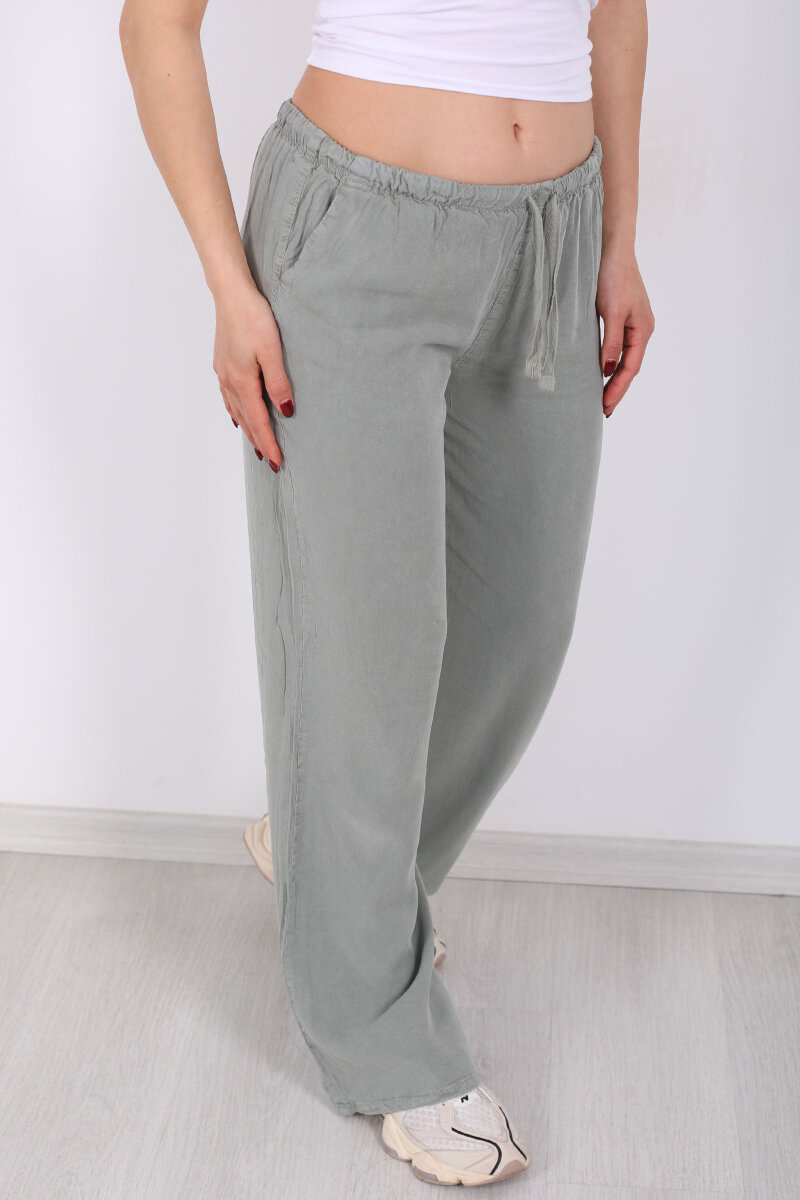 Beli Bağlamalı Bol Paça Tensel Mint Yeşili Kadın Pantolon - 2