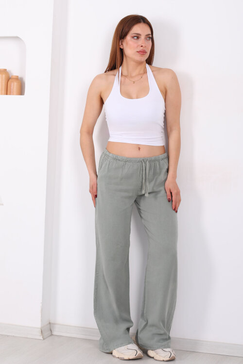 Beli Bağlamalı Bol Paça Tensel Mint Yeşili Kadın Pantolon - 5
