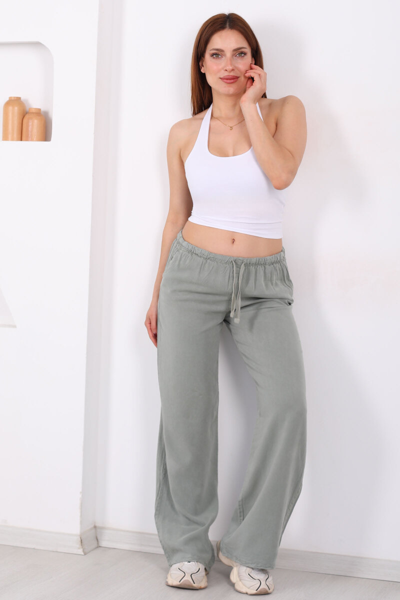 Beli Bağlamalı Bol Paça Tensel Mint Yeşili Kadın Pantolon - 1