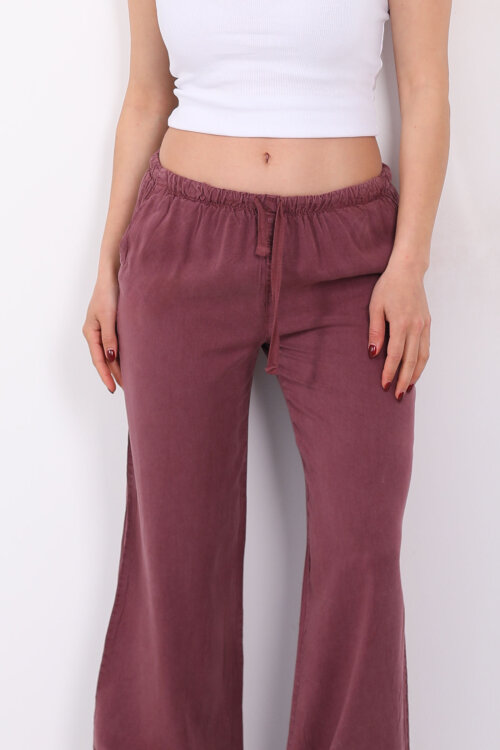 Beli Bağlamalı Bol Paça Tensel Mürdüm Kadın Pantolon - Berox (1)