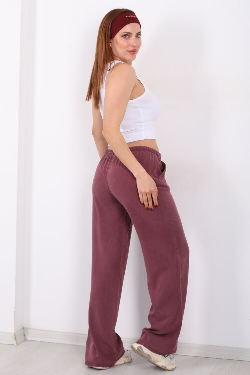 Beli Bağlamalı Bol Paça Tensel Mürdüm Kadın Pantolon - 5