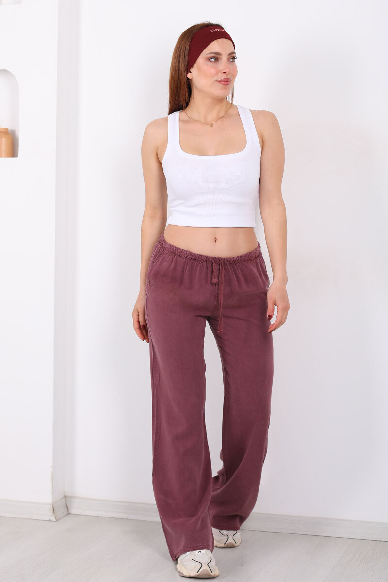 Beli Bağlamalı Bol Paça Tensel Mürdüm Kadın Pantolon - 4