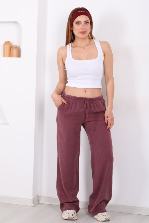 Beli Bağlamalı Bol Paça Tensel Mürdüm Kadın Pantolon - 3