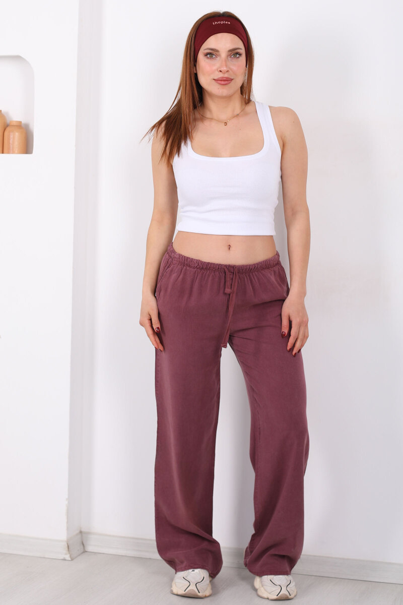Beli Bağlamalı Bol Paça Tensel Mürdüm Kadın Pantolon - 6