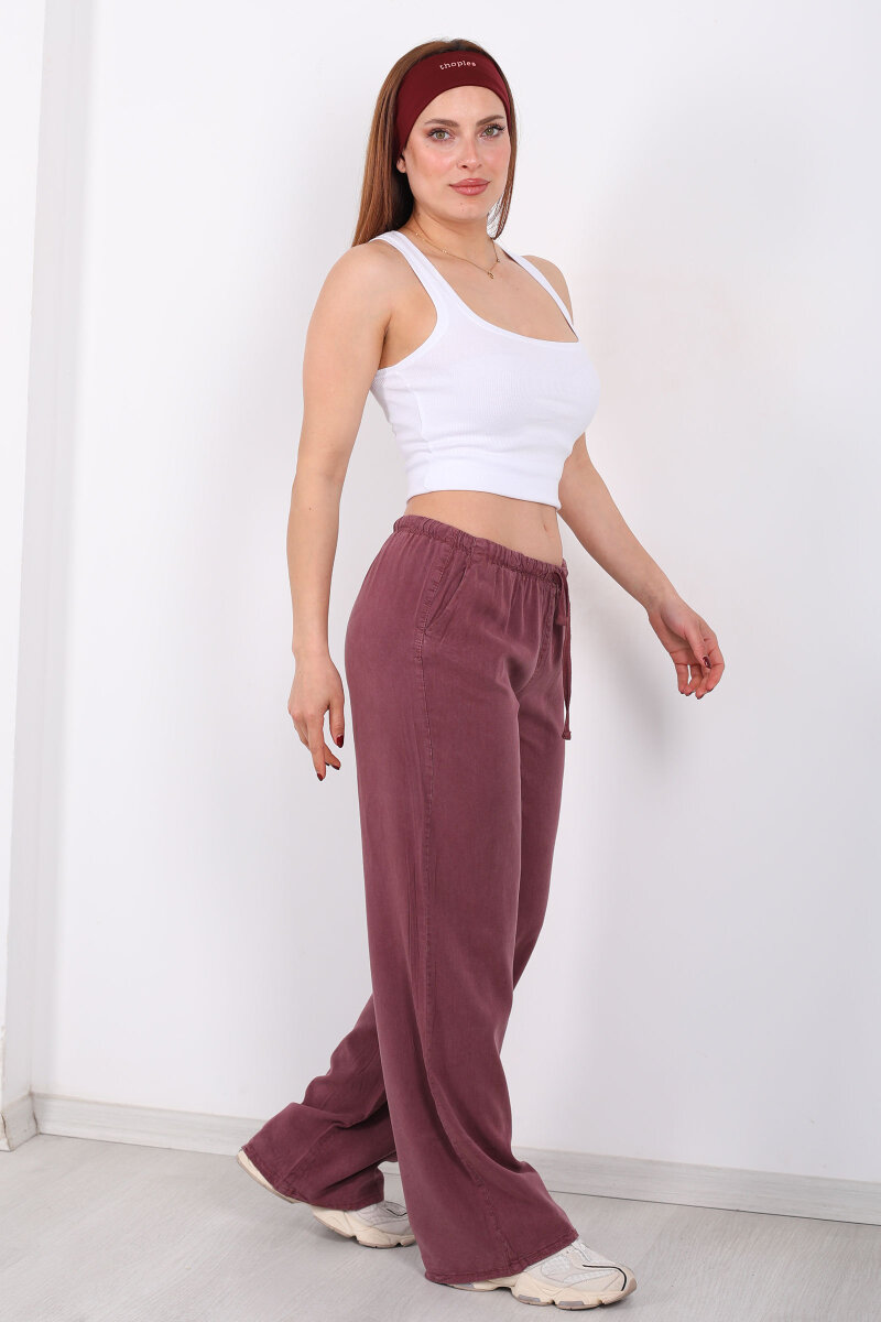 Beli Bağlamalı Bol Paça Tensel Mürdüm Kadın Pantolon - 1