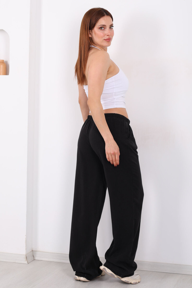 Beli Bağlamalı Bol Paça Tensel Siyah Kadın Pantolon - 5