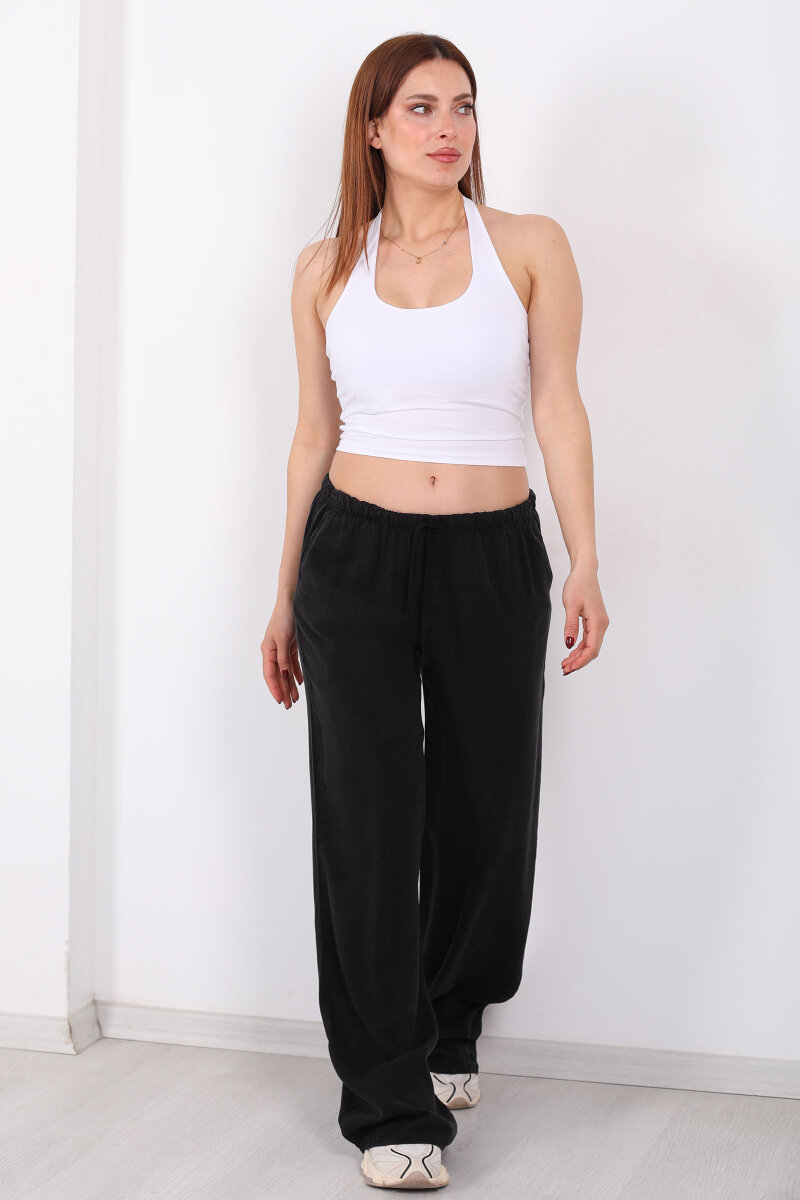 Beli Bağlamalı Bol Paça Tensel Siyah Kadın Pantolon - 6