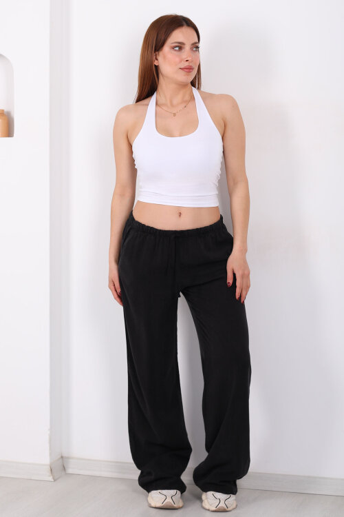 Beli Bağlamalı Bol Paça Tensel Siyah Kadın Pantolon - 3