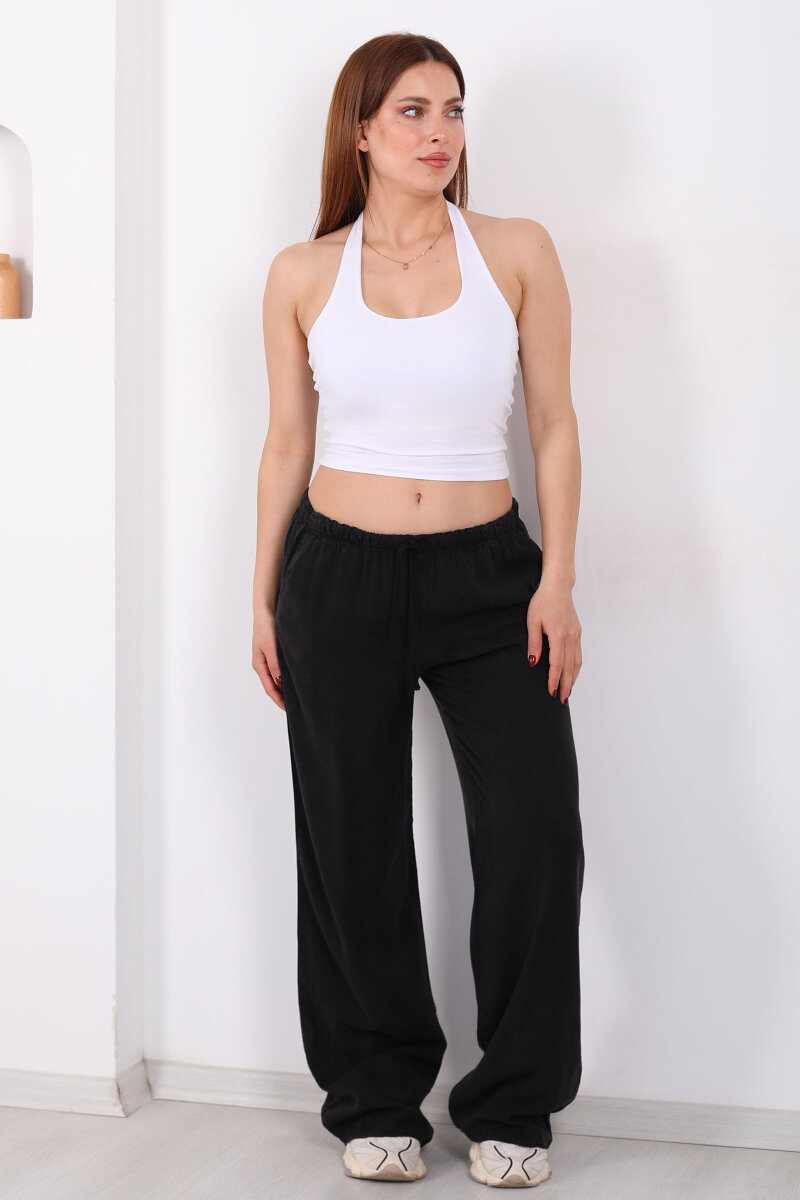 Beli Bağlamalı Bol Paça Tensel Siyah Kadın Pantolon - 3