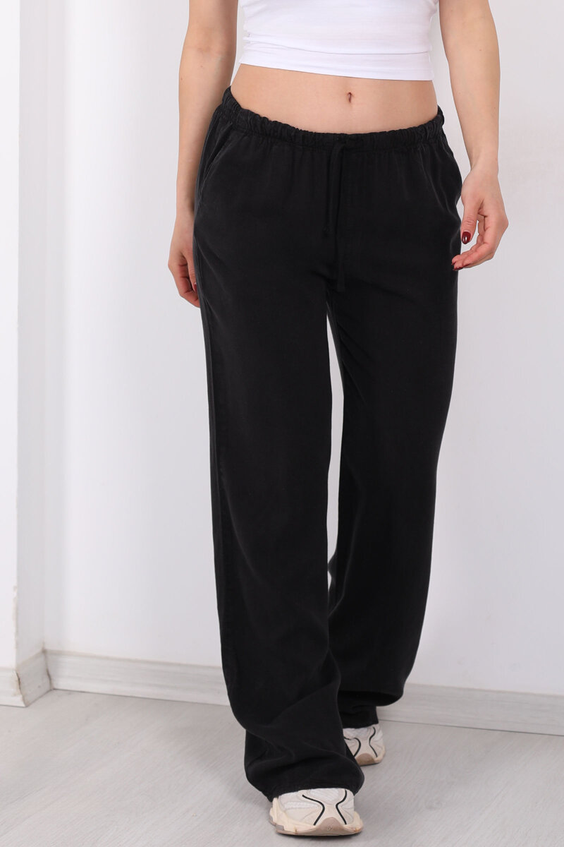 Beli Bağlamalı Bol Paça Tensel Siyah Kadın Pantolon - 2