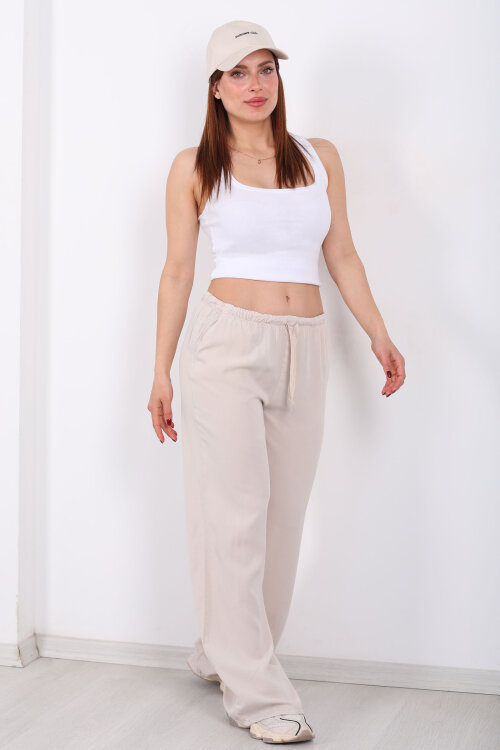 Beli Bağlamalı Bol Paça Tensel Taş Rengi Kadın Pantolon - Berox