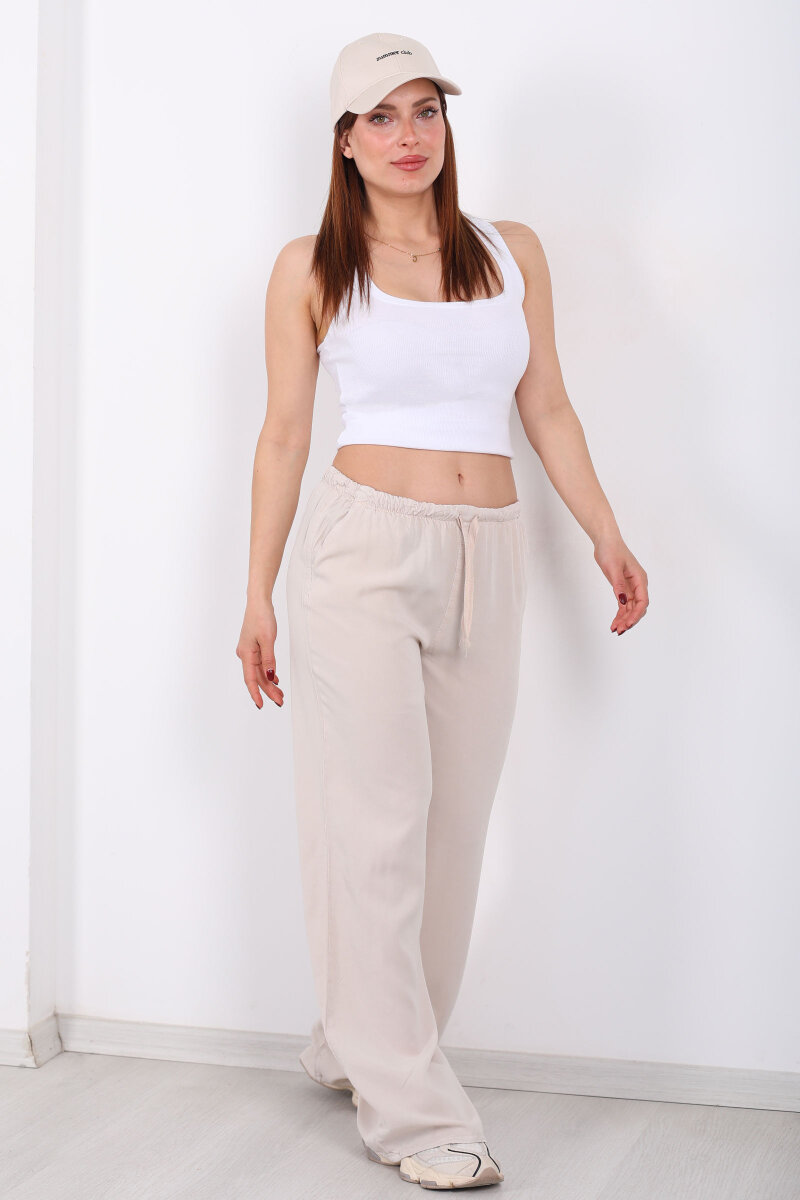 Beli Bağlamalı Bol Paça Tensel Taş Rengi Kadın Pantolon - 1