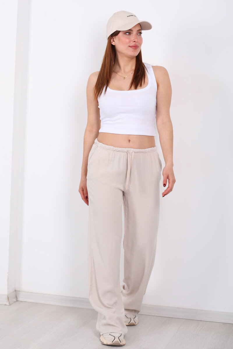 Beli Bağlamalı Bol Paça Tensel Taş Rengi Kadın Pantolon - 4